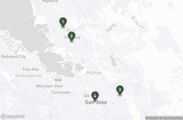 Map showing the four wedding venues across Union City, Fremont, and San Jose